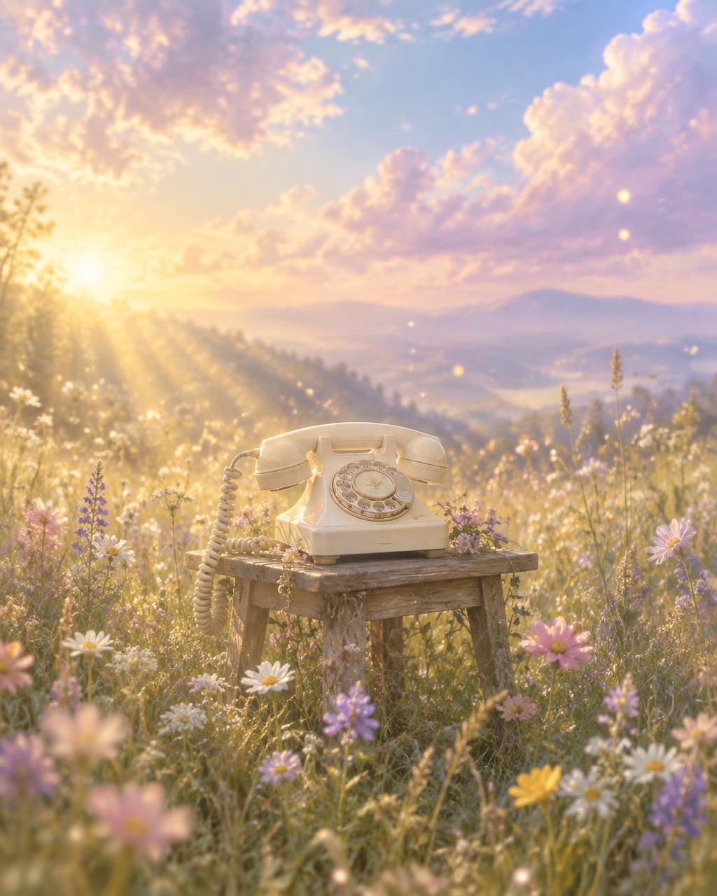 A vintage telephone resting in a sunlit meadow of wildflowers
